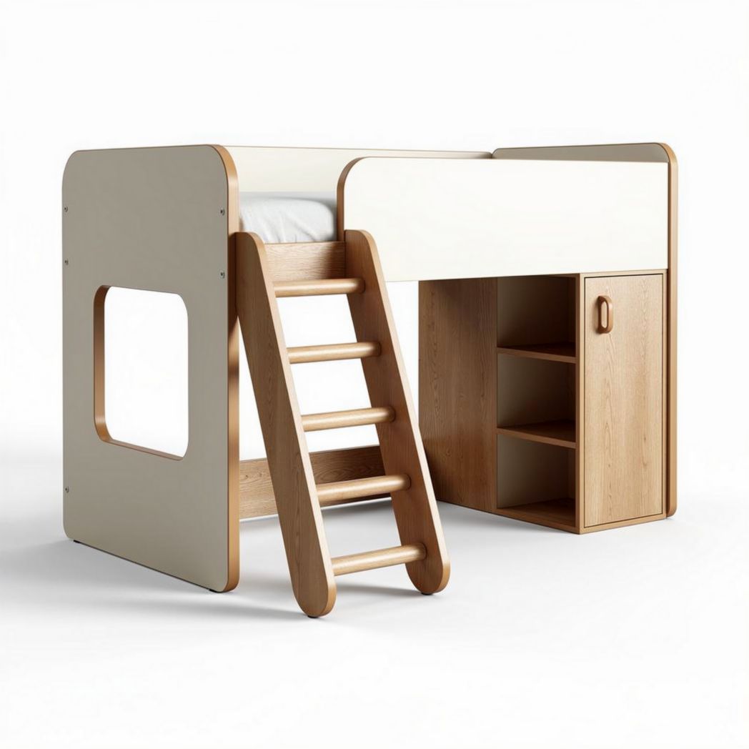 Letto a soppalco con scala e armadietto per cameretta – legno e MDF – 200 x 90 x 110 cm